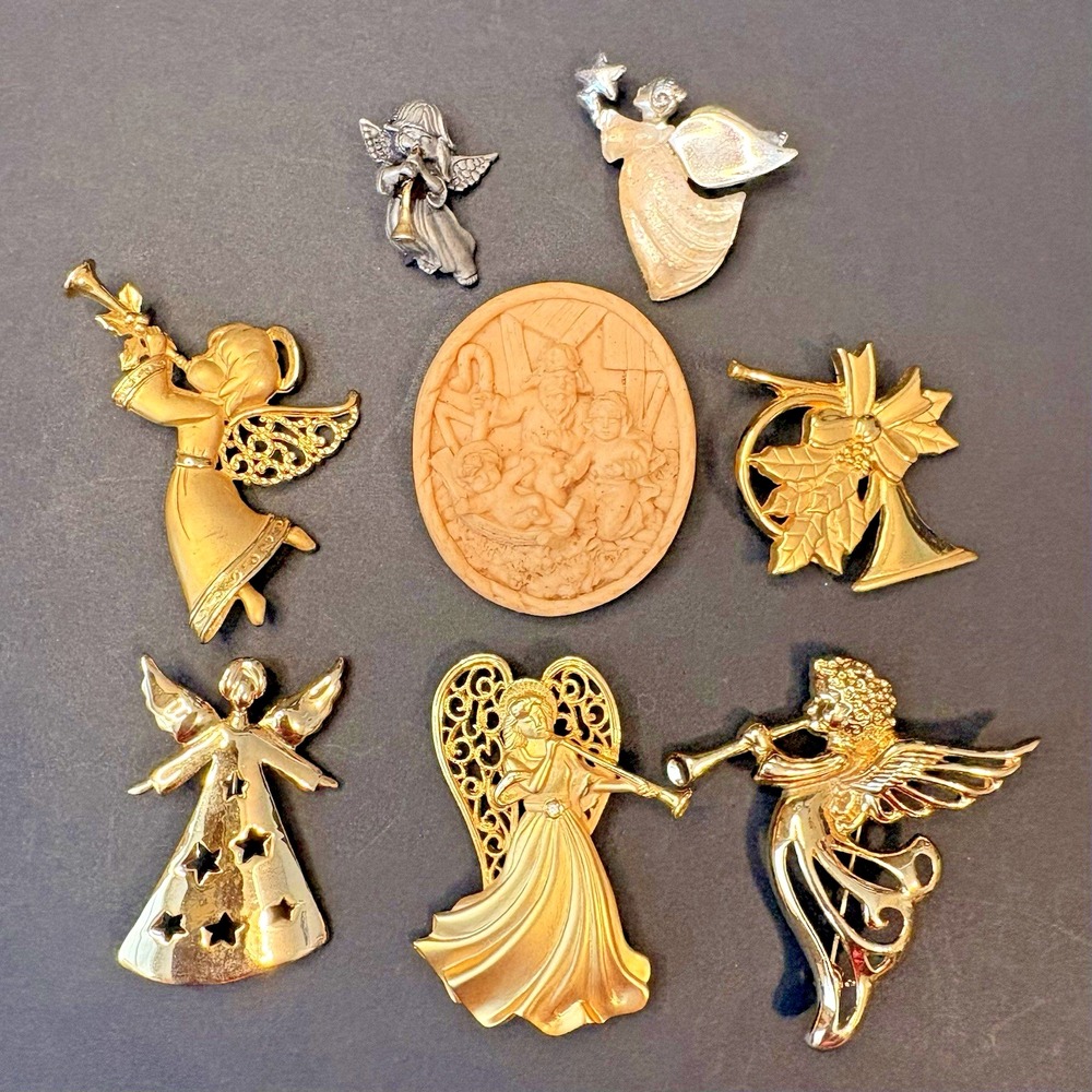 Vintage Christmas Angel Nativity Horn Brooches Lot of 8 Holiday Retro Gold Tone